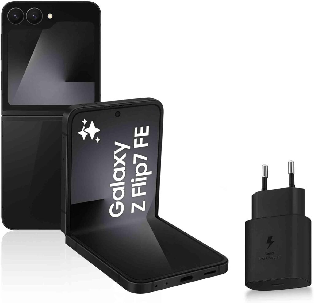 samsung galaxy z flip7 fe, smartphone android 5g avec galaxy ai, 128 go, chargeur secteur rapide 25w inclus, smartphone déverrouillé, noir, version fr