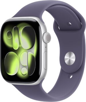 apple watch series 11 [gps 46 mm] montre connectée avec boîtier argent et bracelet sport brume violette. score de sommeil, moniteur d’activité, suivi de la santé, écran toujours activé