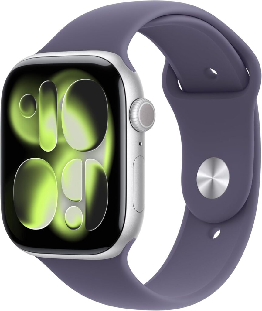 apple watch series 11 [gps 46 mm] montre connectée avec boîtier argent et bracelet sport brume violette. score de sommeil, moniteur d’activité, suivi de la santé, écran toujours activé